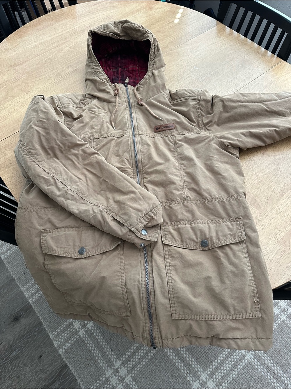 Columbia Men's Hooded Field Jacket in Tan with Burgundy Lining